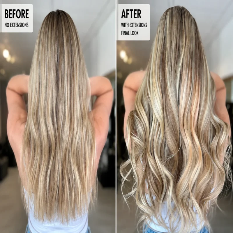 Blonde hair extensions with seamless blending, added fullness, and flowing movement at Box Office Hair in Winter Springs, Florida.