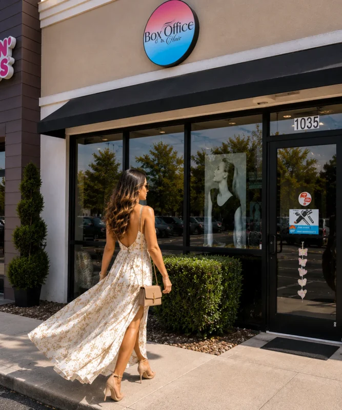 Luxury guest arriving at Box Office Hair salon entrance in Winter Springs, Florida