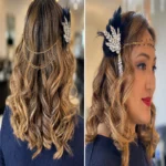Luxury bridal hairstyle with romantic curls, dimensional blonde balayage, crystal bridal headpiece.