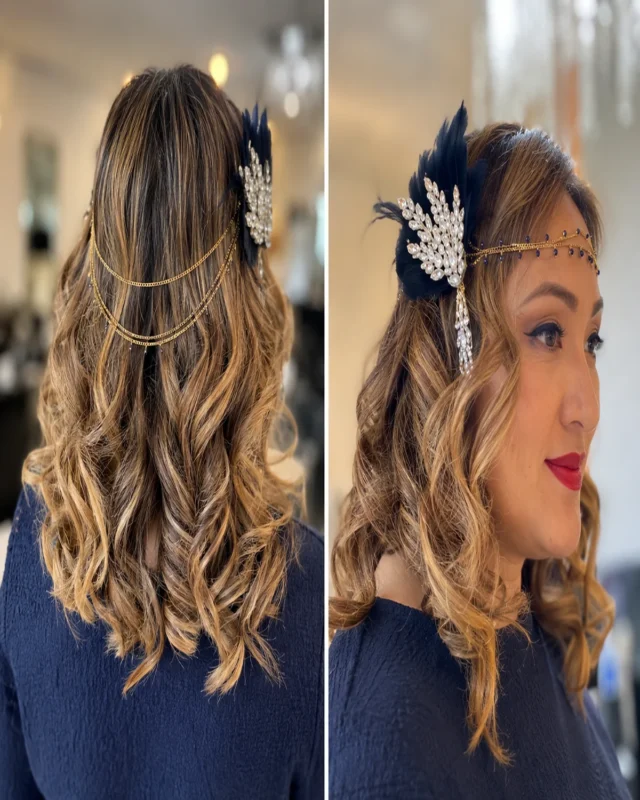 Luxury bridal hairstyle with romantic curls, dimensional blonde balayage, crystal bridal headpiece.