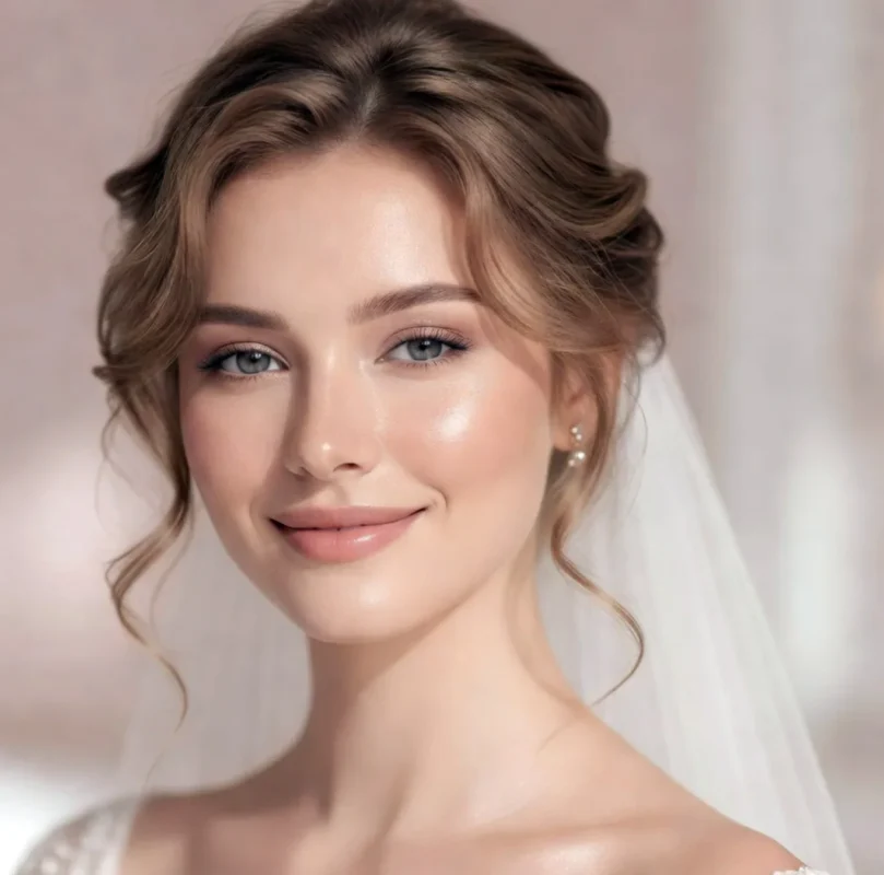 Luxury bridal hair and makeup with soft romantic updo, face-framing tendrils, natural bridal glow.