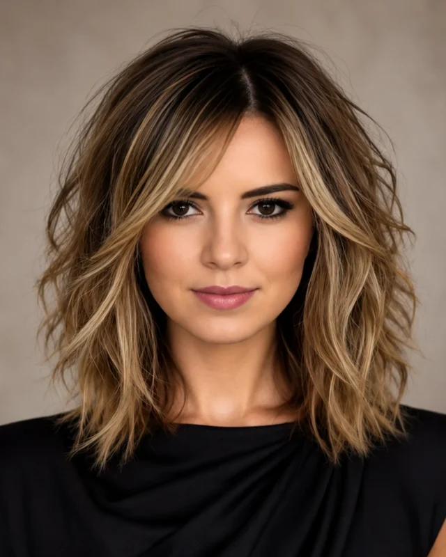 Bronde balayage textured lob with dimensional blonde highlights at luxury hair salon near Maitland Florida