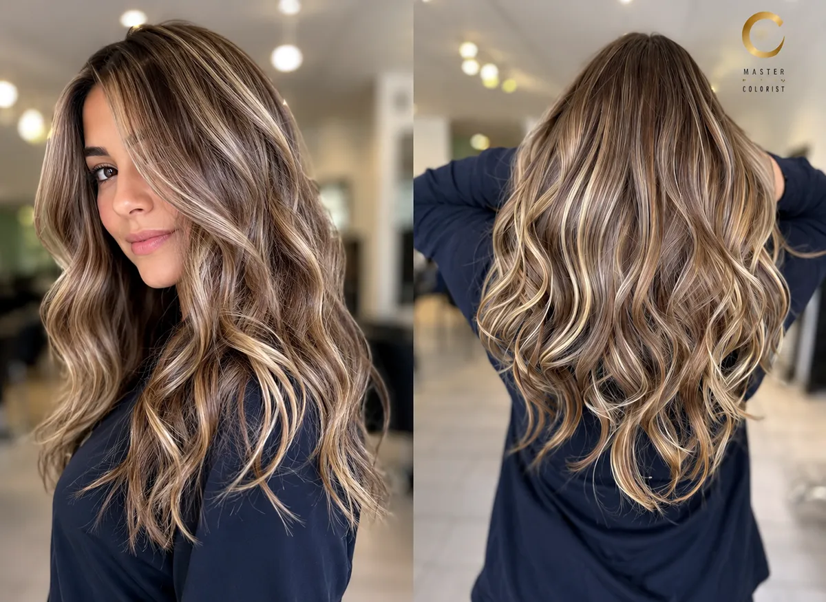 Dimensional caramel balayage with face-framing highlights and long layered waves at Box Office Hair in Winter Springs Florida