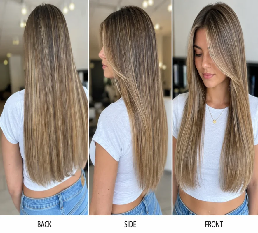 caramel balayage with seamless ribbons, soft movement, and healthy shine