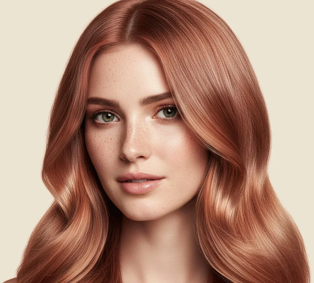 Rose gold hair color with dimensional copper tones, silky shine, and soft movement creating a modern luxury hair transformation.