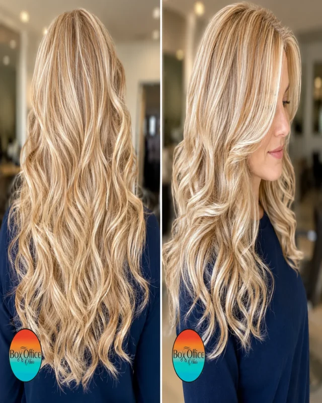 Bright honey-blonde balayage with soft dimension and long waves, created at Box Office Hair salon in Winter Springs, Florida