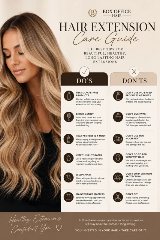 Luxury hair extension aftercare guide with healthy blonde balayage extensions and maintenance tips from Box Office Hair in Winter Springs Florida