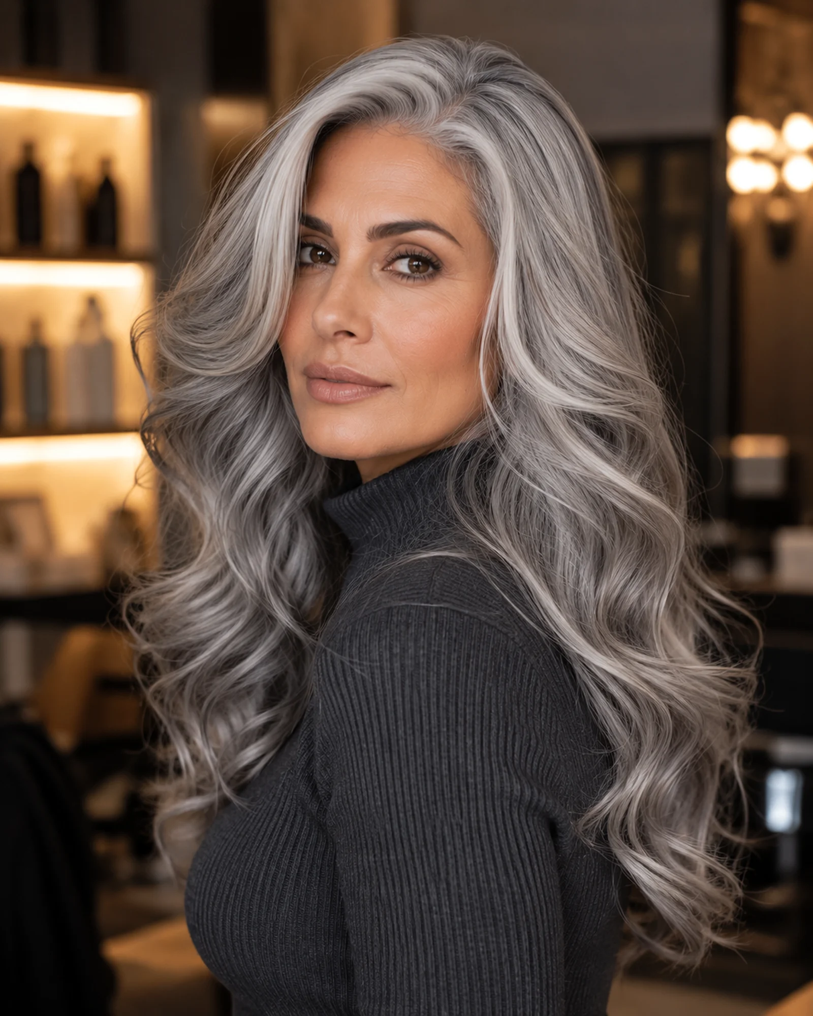 Luxury silver gray hair color with seamless blending, soft dimension, voluminous waves, and radiant shine.