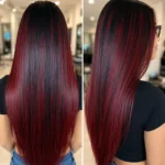 Red wine balayage on dark hair with burgundy and ruby red dimension in Winter Springs Florida