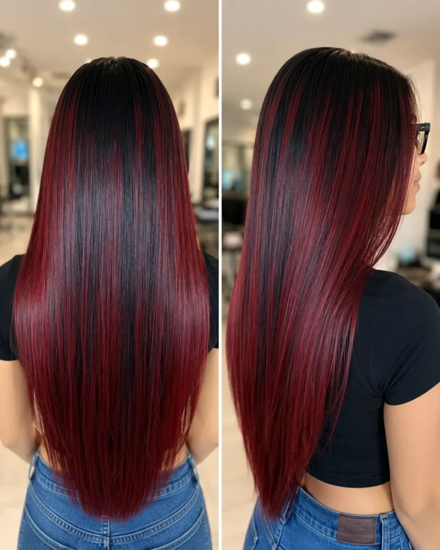 Red wine balayage on dark hair with burgundy and ruby red dimension in Winter Springs Florida