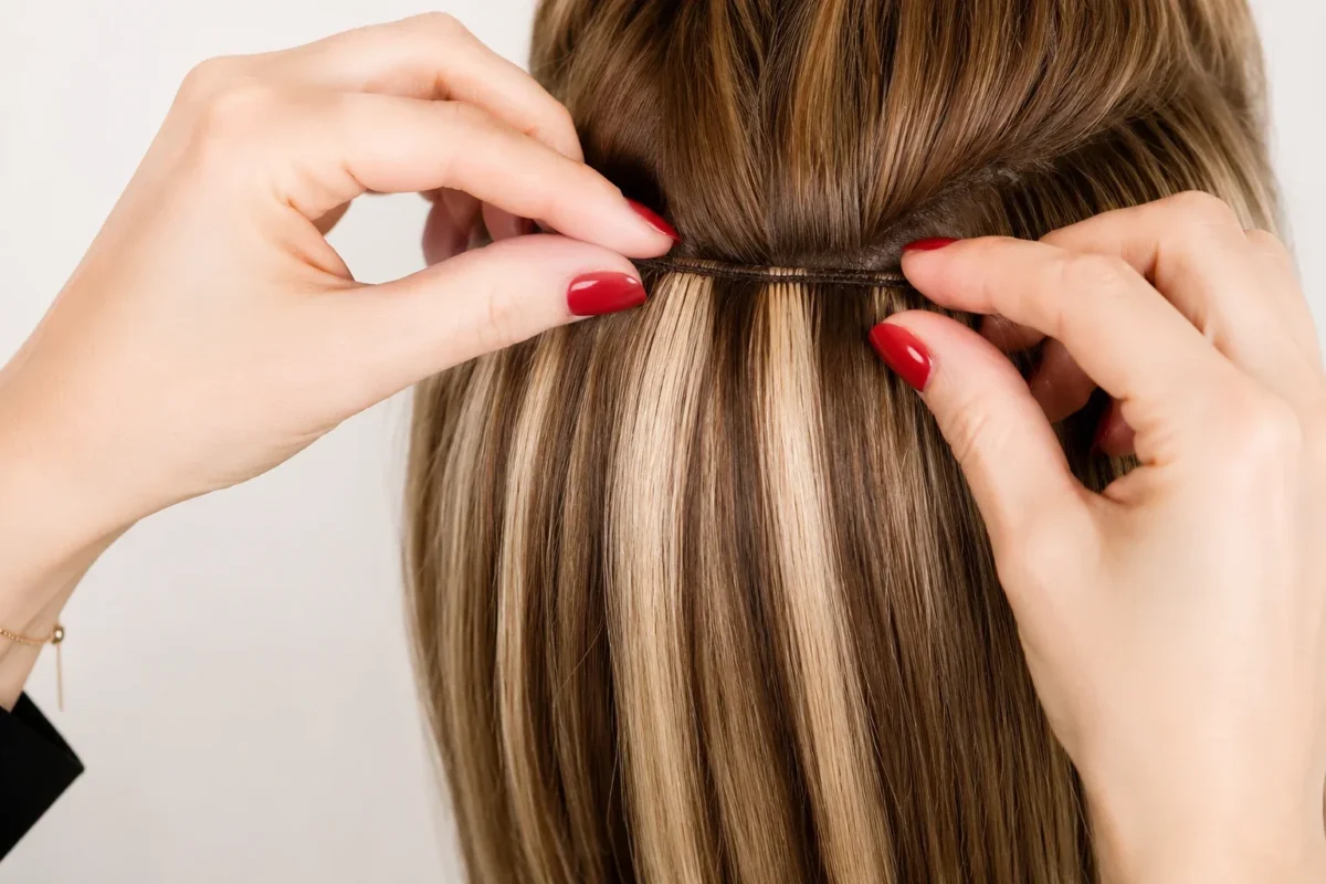Professional hair extension installation by a hair extensions specialist.