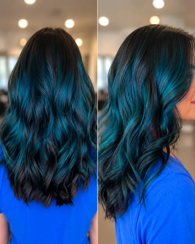 Teal blue fashion hair color balayage on dark hair with dimensional waves in Winter Springs Florida