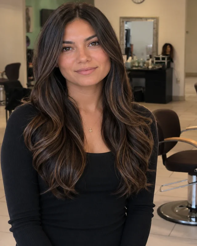 Signature precision haircut with long layered brunette hair, soft face-framing layers, dimensional shine, and luxury salon styling.