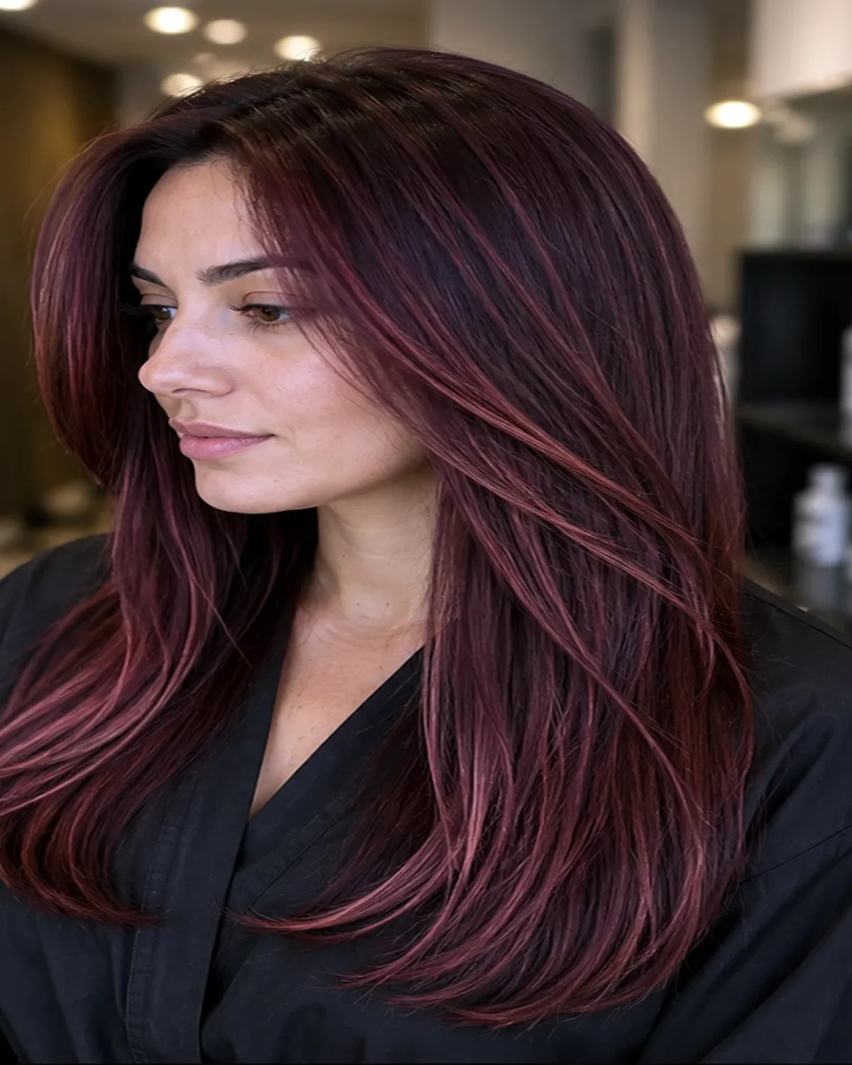 The same hair after color correction, showing an even dimensional burgundy tone with a smooth finish.