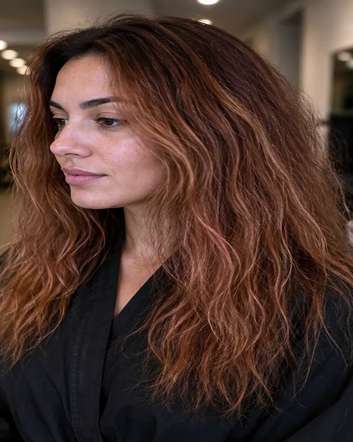Hair before color correction, showing uneven brassy copper tone and dry texture.