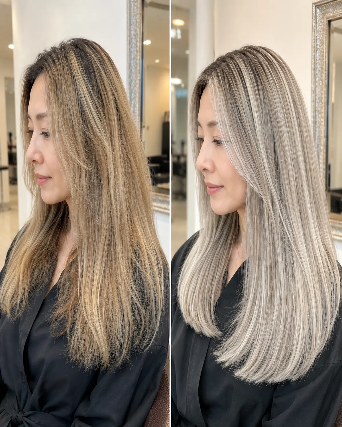Long hair before and after a balayage service, showing a soft root melt blending into cool dimensional blonde lengths.
